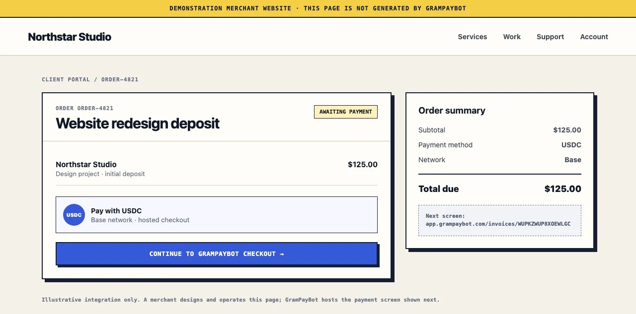 GramPayBot checkout yönlendirmesinden önce açıkça örnek olarak işaretlenmiş satıcı sipariş sayfası