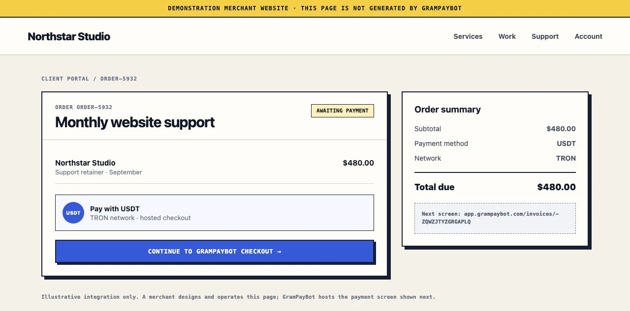 GramPayBot checkout yönlendirmesinden önce açıkça örnek olarak işaretlenmiş satıcı sipariş sayfası